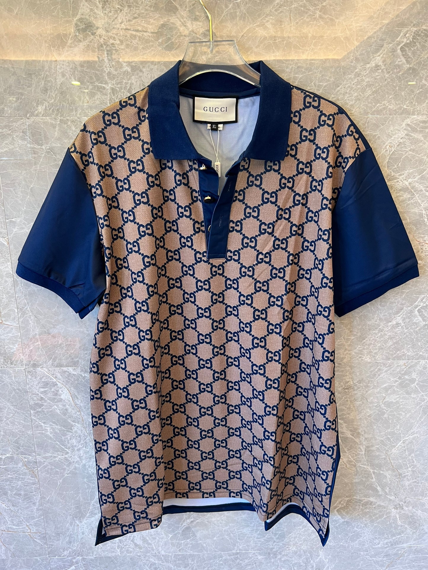 Gucci monogram beige and navy blue polo shirt with GG pattern