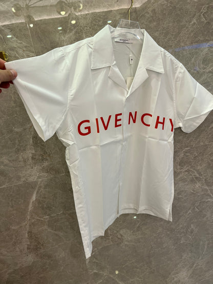 Givenchy white short-sleeve button-up shirt with bold red logo print