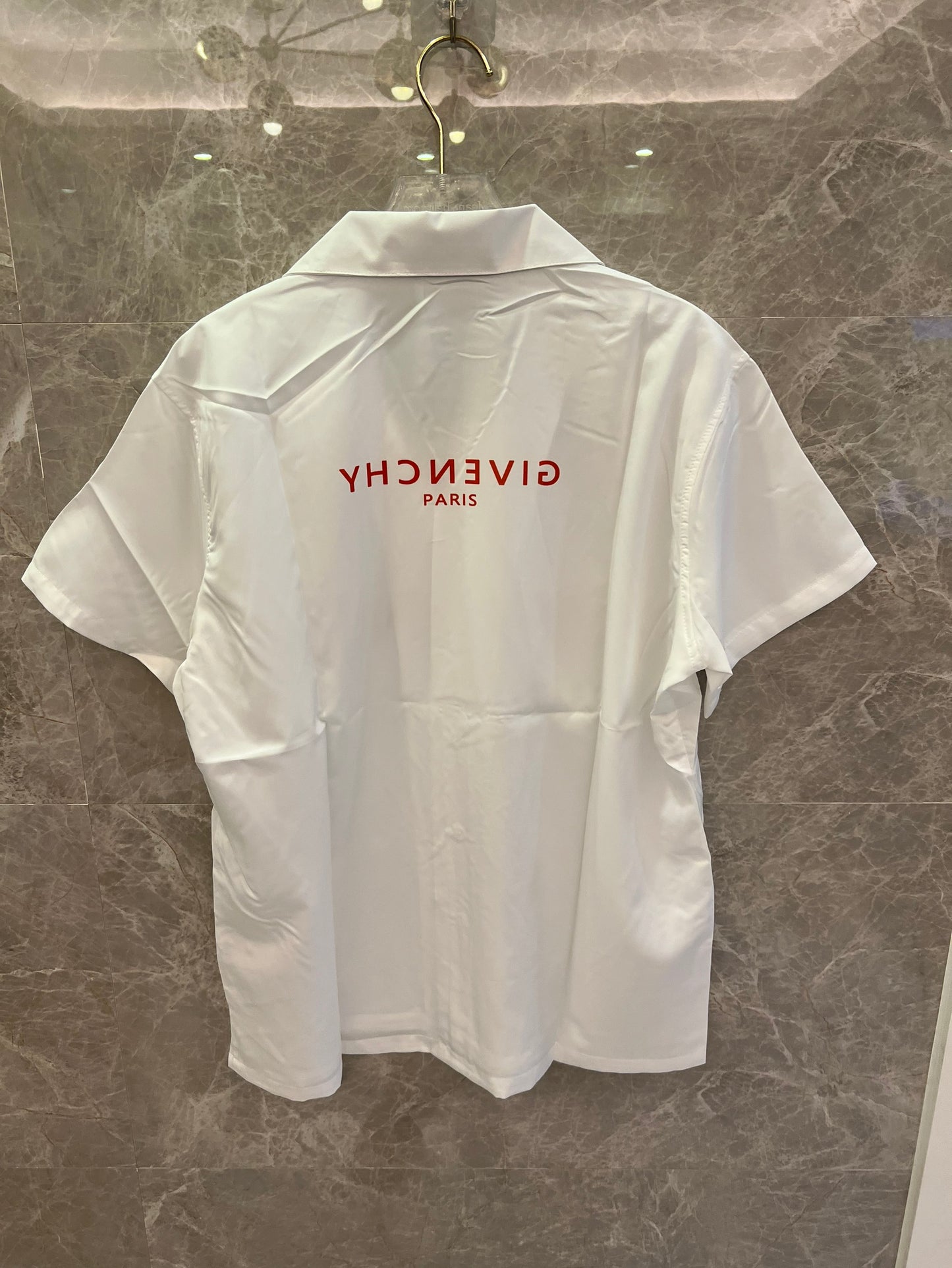 Givenchy white short-sleeve button-up shirt with bold red logo print