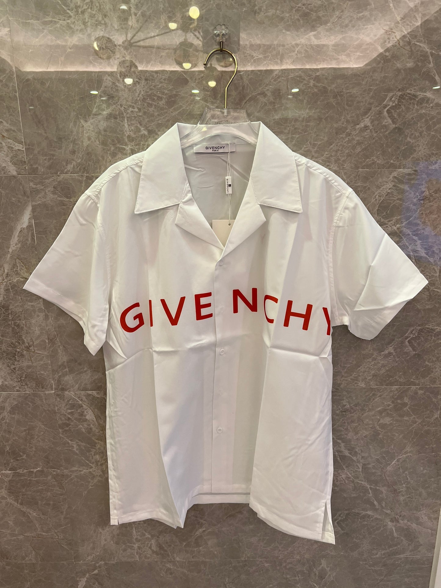 Givenchy white short-sleeve button-up shirt with bold red logo print