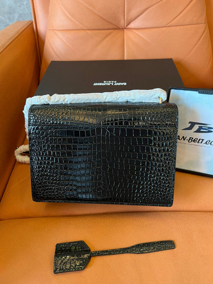 Saint Laurent medium sunset croc embossed black leather bag