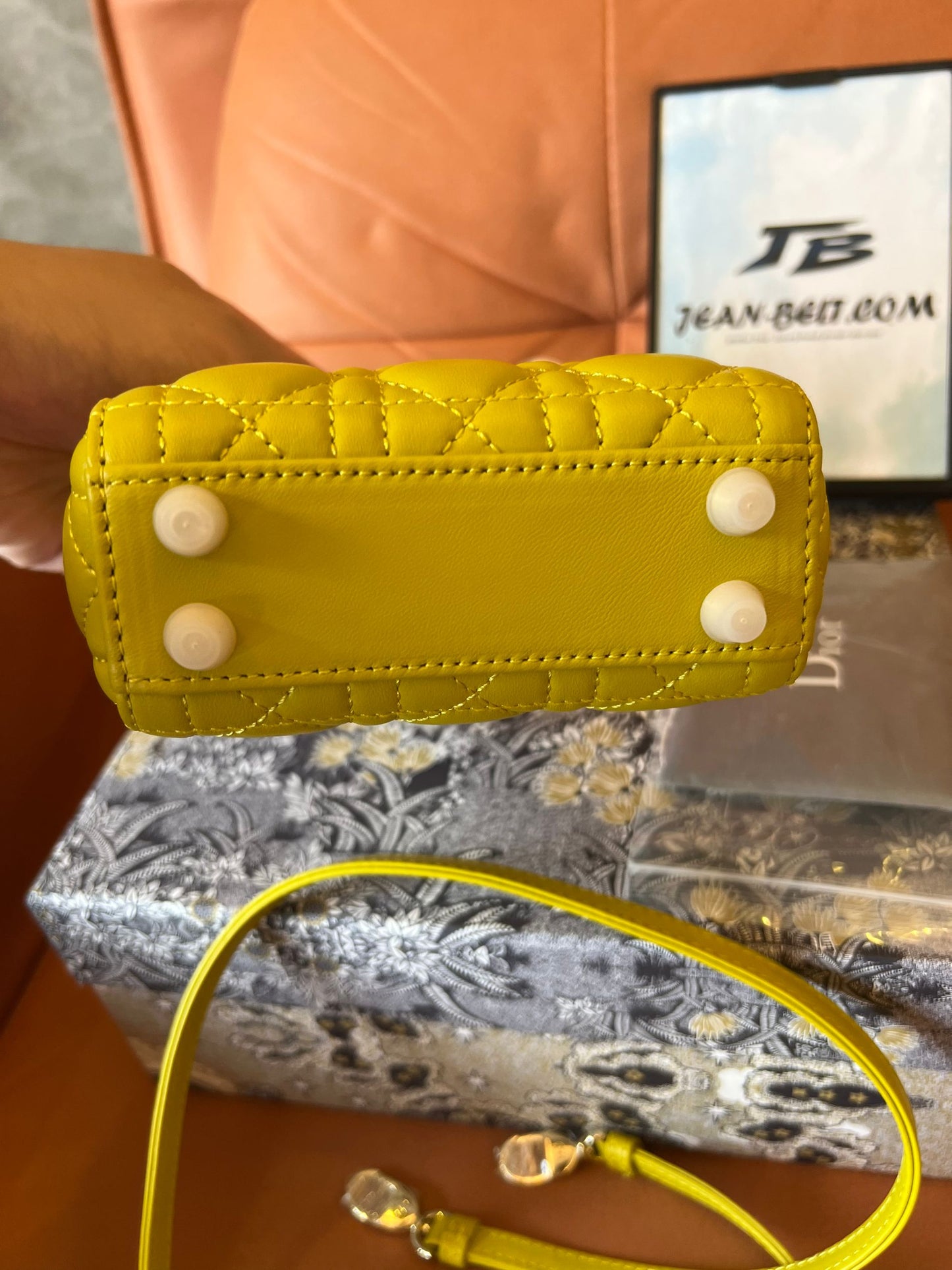 Christian Dior lambskin cannage mini lady dior yellow