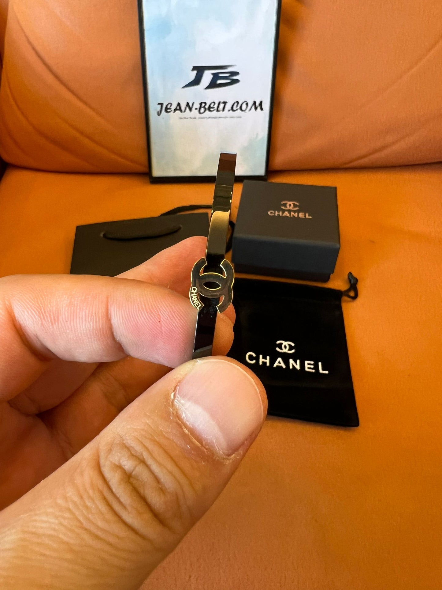 Chanel black enamel CC logo bangle bracelet