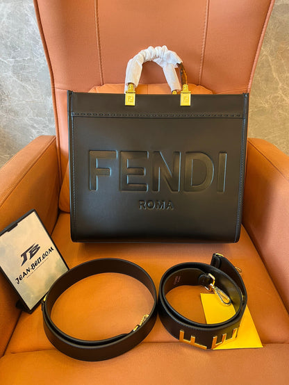 Fendi sunshine large black leather shopper with strap