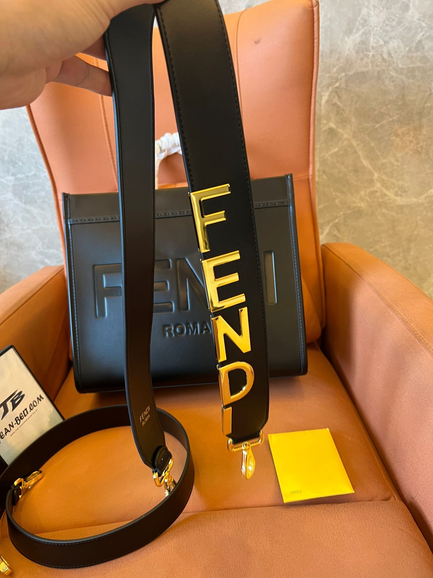 Fendi sunshine large black leather shopper with strap