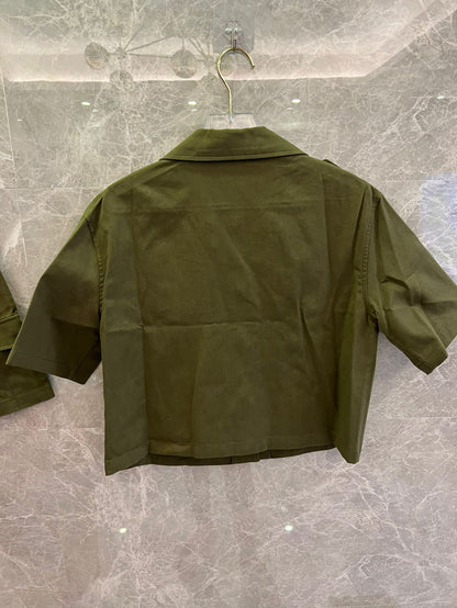 Celine military green utility jacket and cargo shorts set