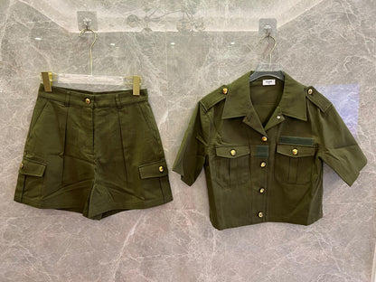 Celine military green utility jacket and cargo shorts set