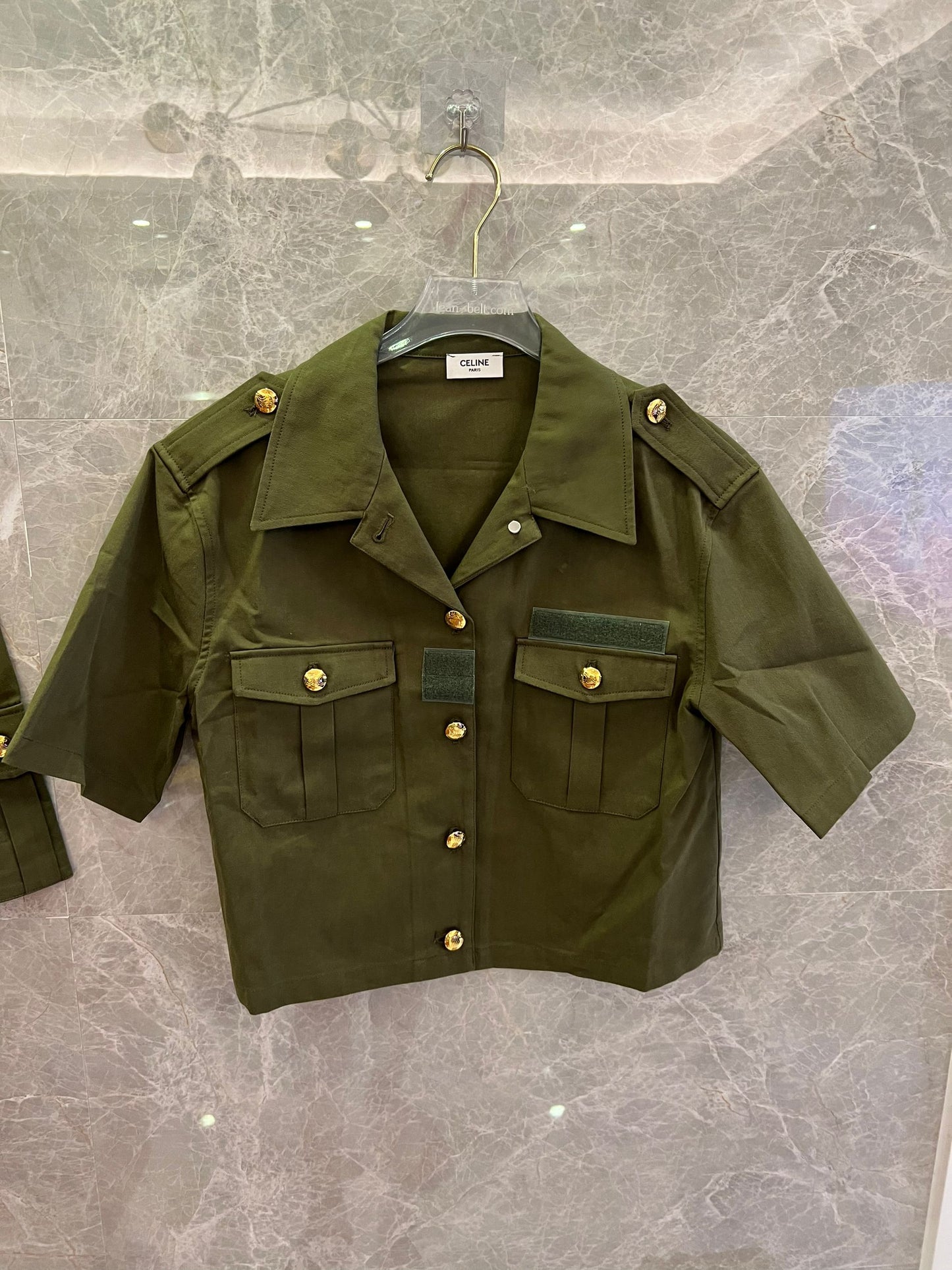 Celine military green utility jacket and cargo shorts set