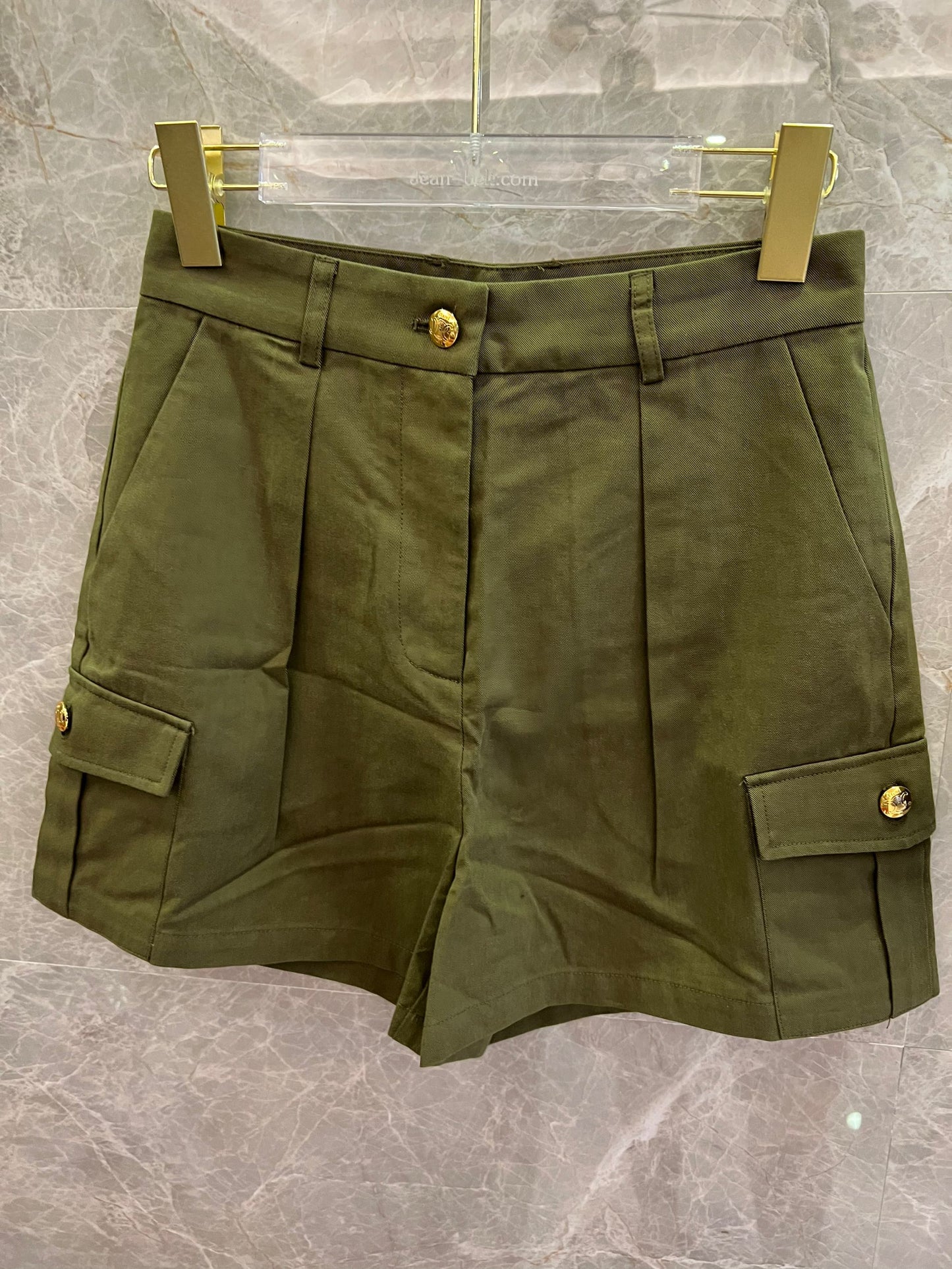 Celine military green utility jacket and cargo shorts set