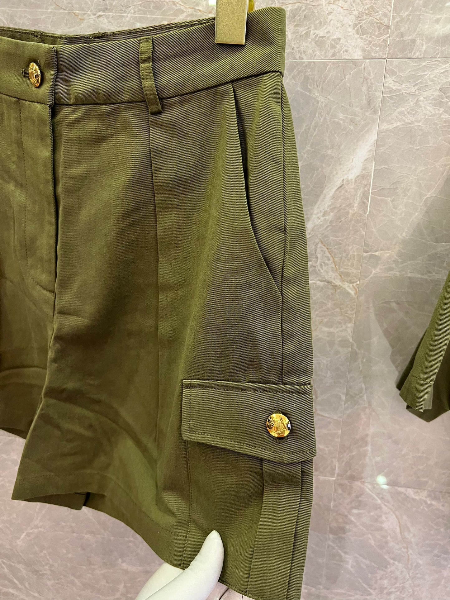 Celine military green utility jacket and cargo shorts set