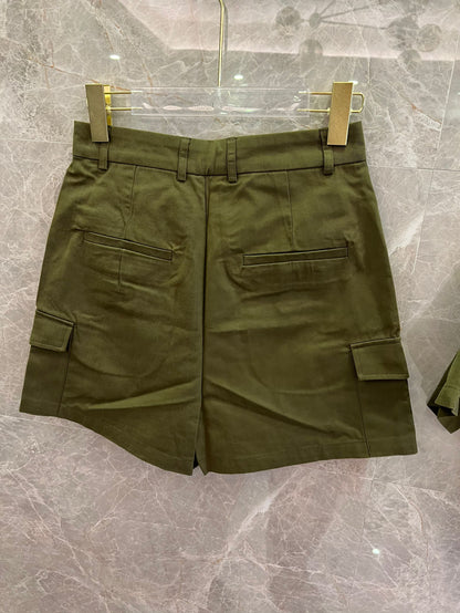 Celine military green utility jacket and cargo shorts set