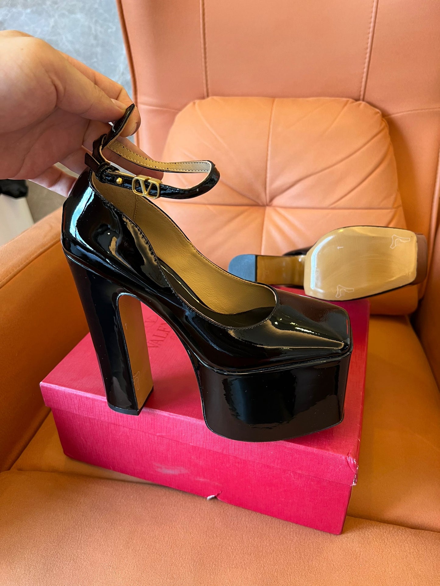 Valentino black patent leather platform ankle strap heels