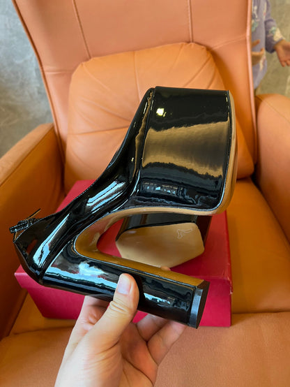 Valentino black patent leather platform ankle strap heels