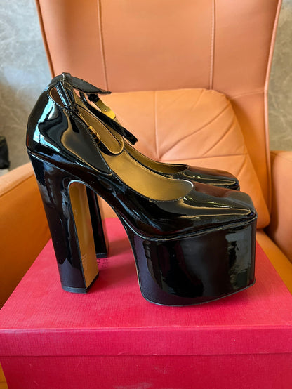 Valentino black patent leather platform ankle strap heels