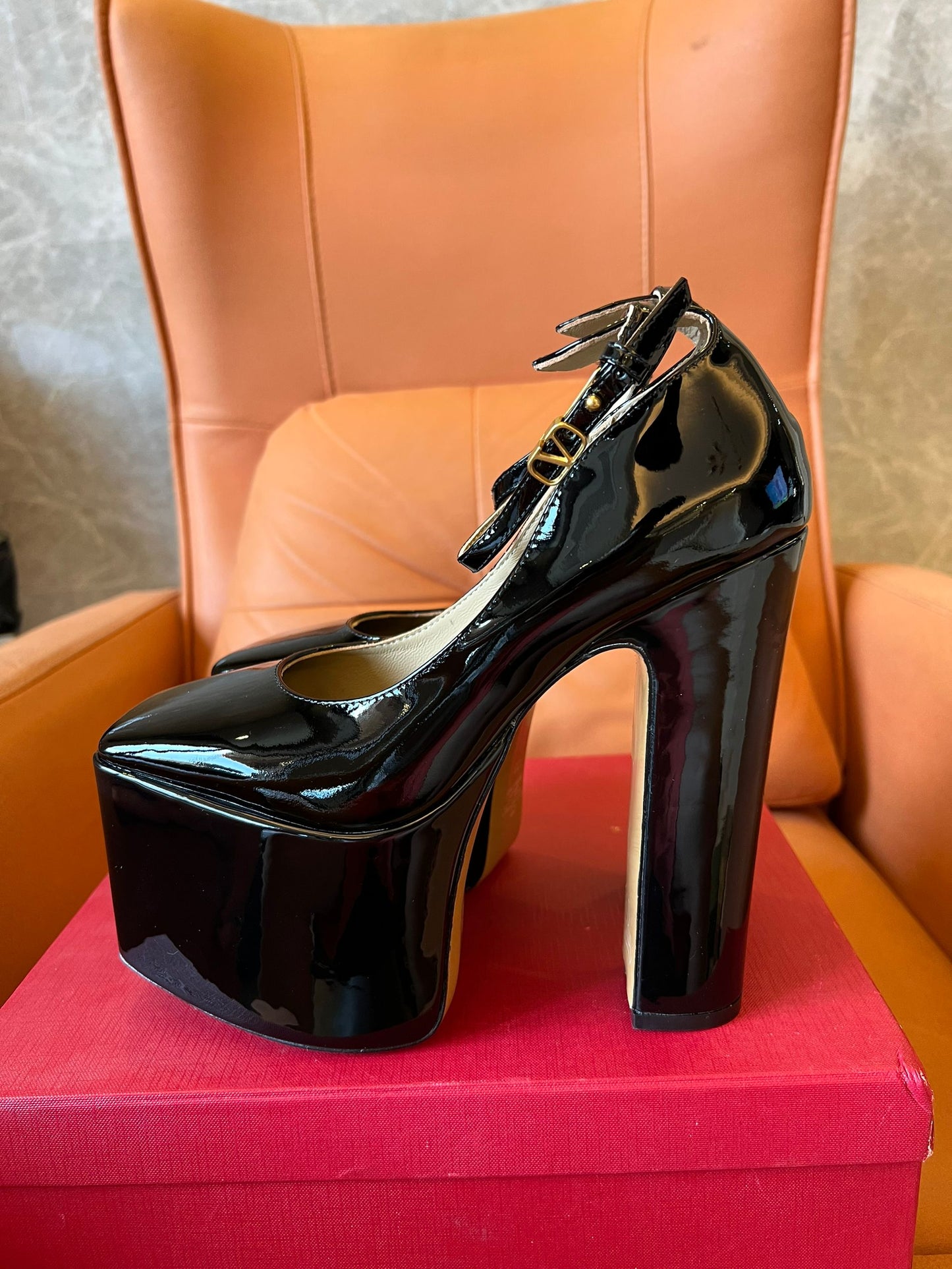 Valentino black patent leather platform ankle strap heels