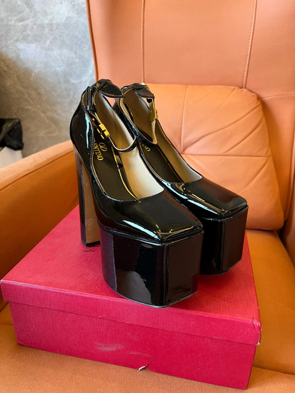 Valentino black patent leather platform ankle strap heels