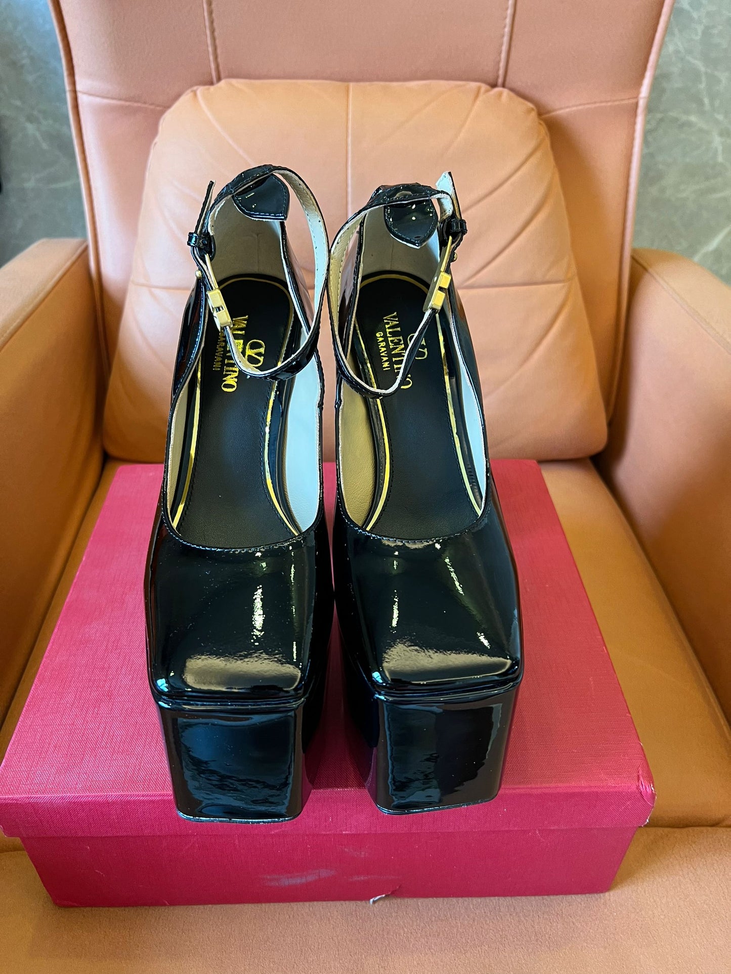 Valentino black patent leather platform ankle strap heels