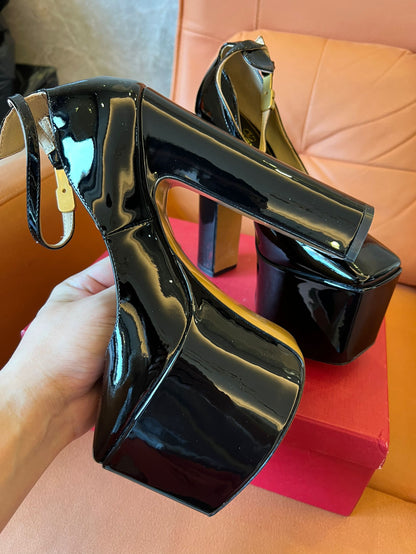 Valentino black patent leather platform ankle strap heels