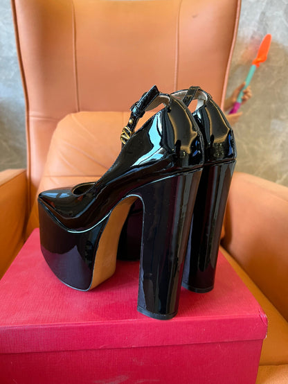 Valentino black patent leather platform ankle strap heels