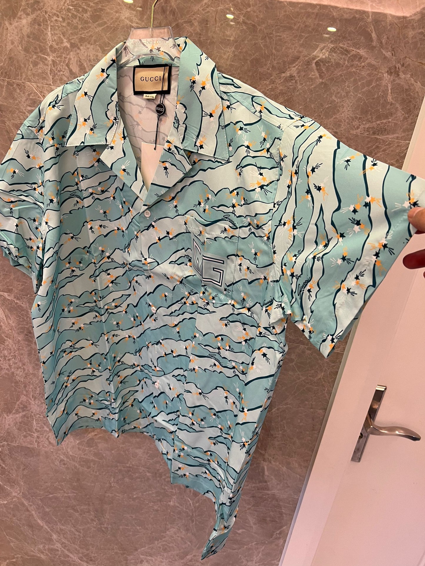 Gucci floral print blue short-sleeve button-up shirt