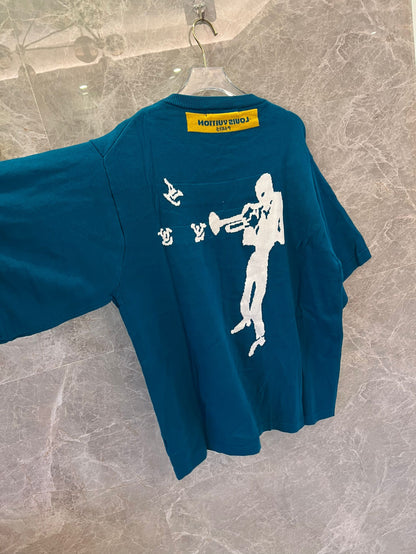 Louis Vuitton teal knit t-shirt with trumpeter motif and LV logos