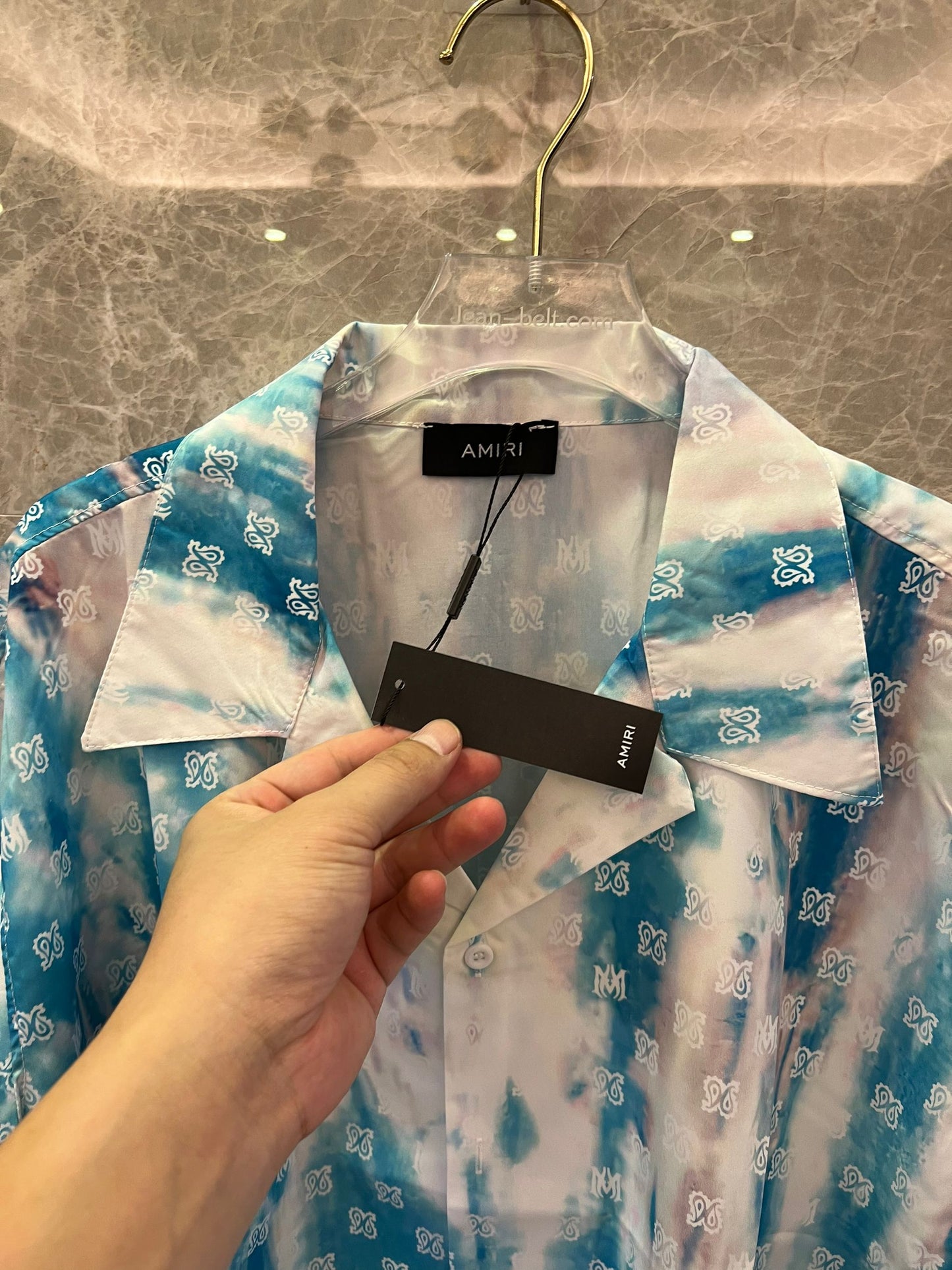 Amiri blue tie-dye silk short-sleeve shirt with monogram print