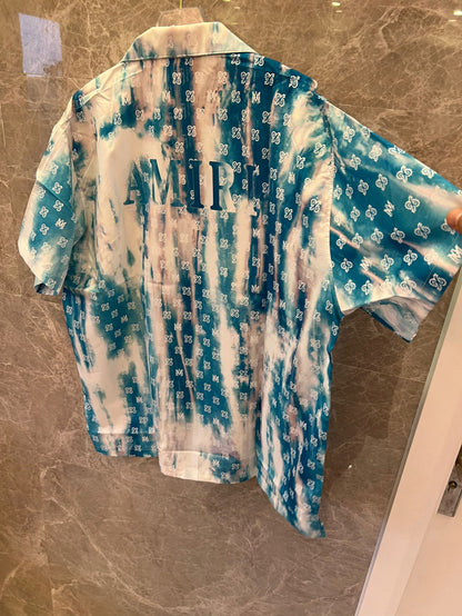 Amiri blue tie-dye silk short-sleeve shirt with monogram print