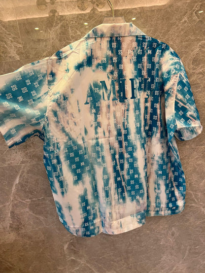 Amiri blue tie-dye silk short-sleeve shirt with monogram print