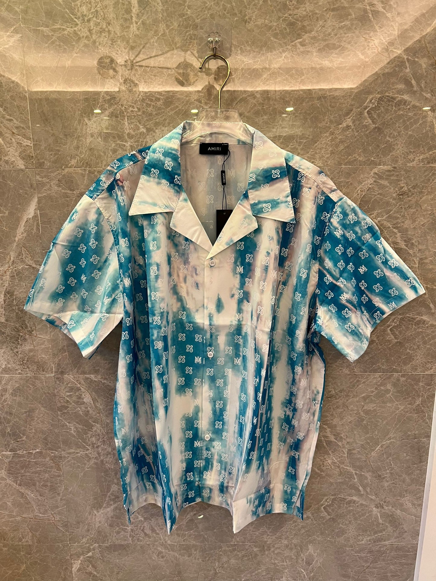 Amiri blue tie-dye silk short-sleeve shirt with monogram print