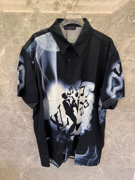 Louis Vuitton black jazz silhouette print button-up shirt