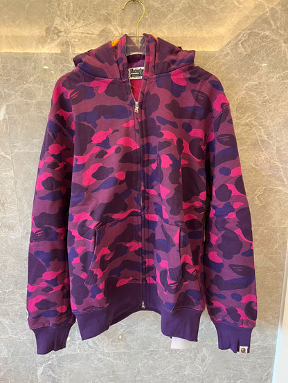 A Bathing Ape camo full-zip shark hoodie in purple and pink