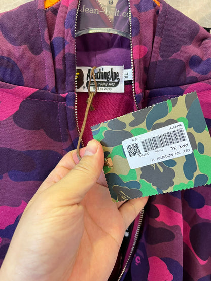 A Bathing Ape camo full-zip shark hoodie in purple and pink