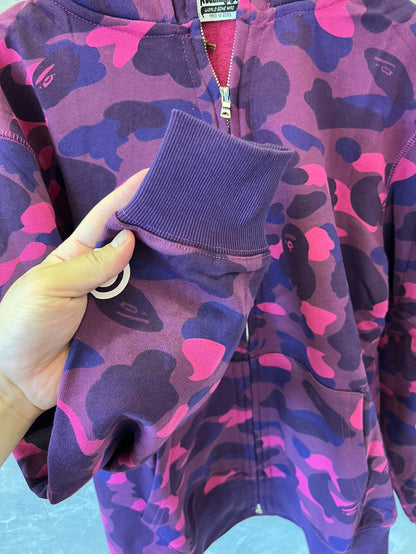 A Bathing Ape camo full-zip shark hoodie in purple and pink