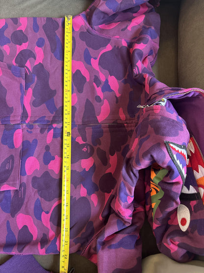 A Bathing Ape camo full-zip shark hoodie in purple and pink