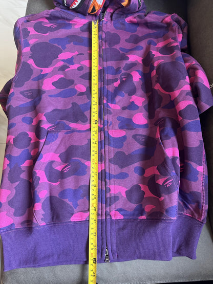 A Bathing Ape camo full-zip shark hoodie in purple and pink