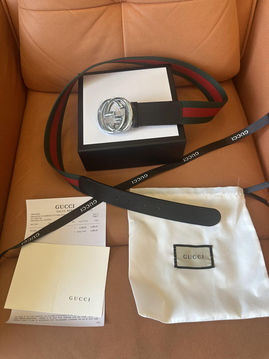 Gucci web stripe belt with silver double G buckle