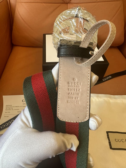 Gucci web stripe belt with silver double G buckle