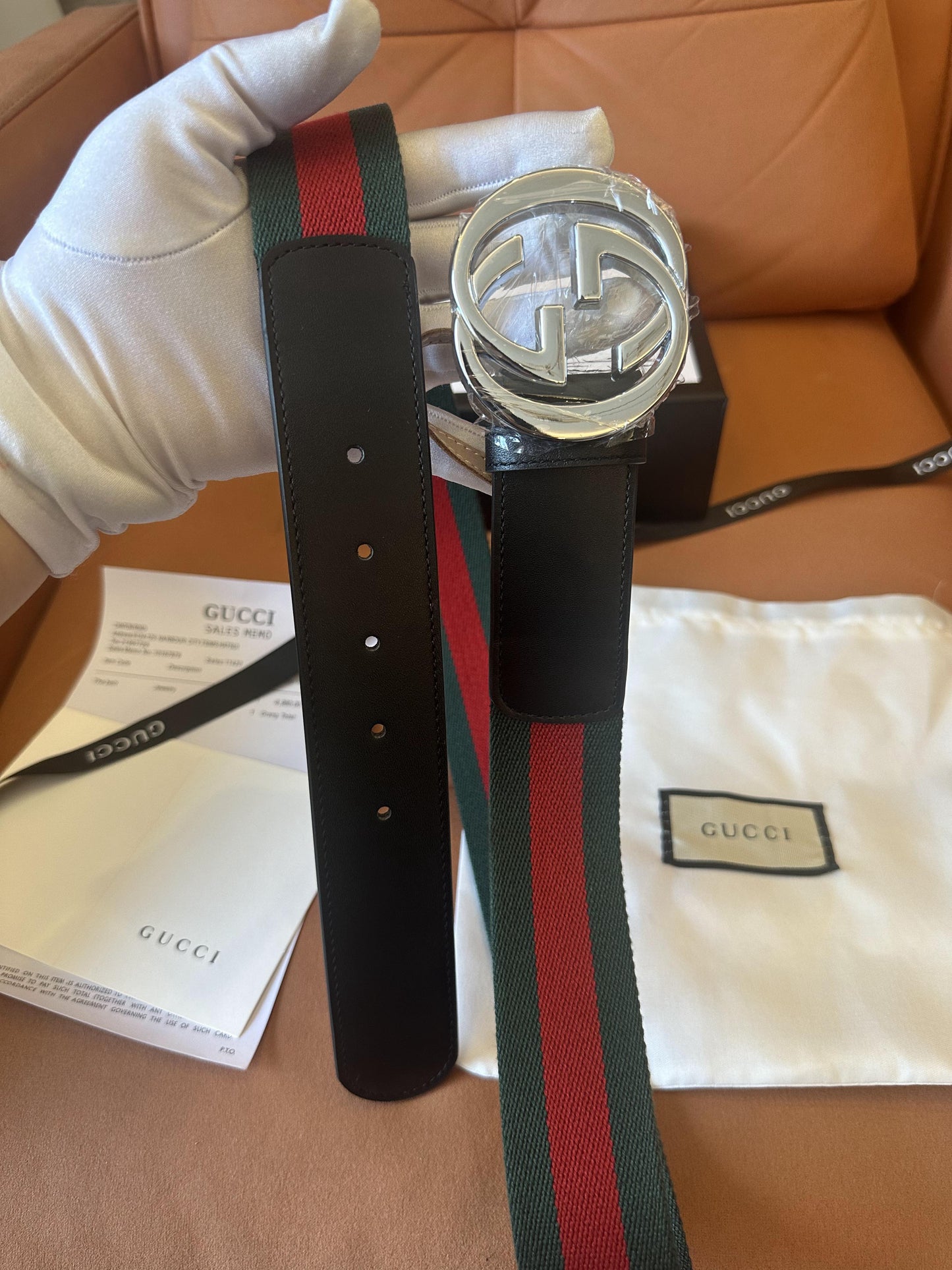 Gucci web stripe belt with silver double G buckle