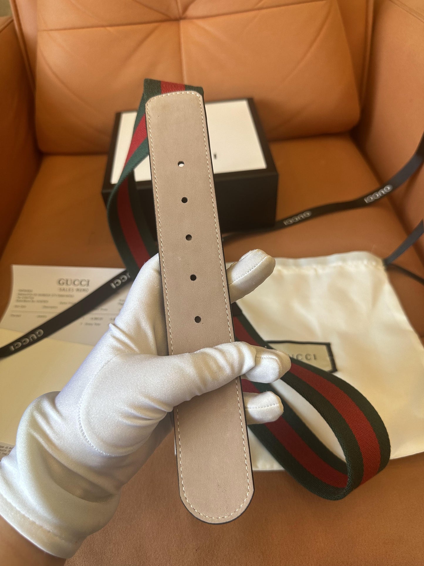 Gucci web stripe belt with silver double G buckle