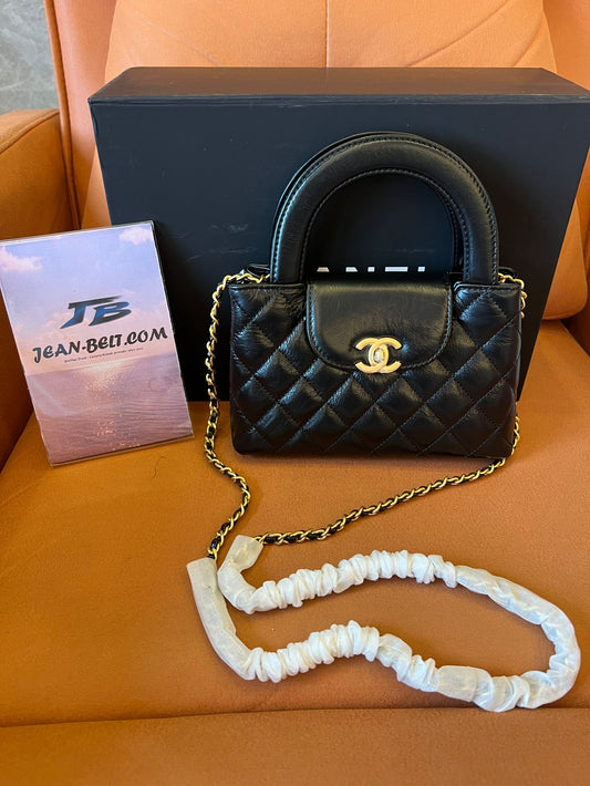 Chanel 24p black calfskin mini kelly  shopping bag gold hardware