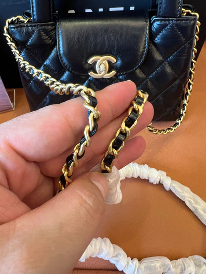 Chanel 24p black calfskin mini kelly  shopping bag gold hardware