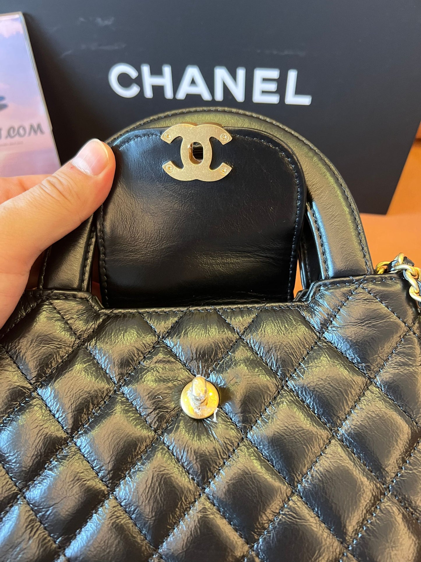 Chanel 24p black calfskin mini kelly  shopping bag gold hardware