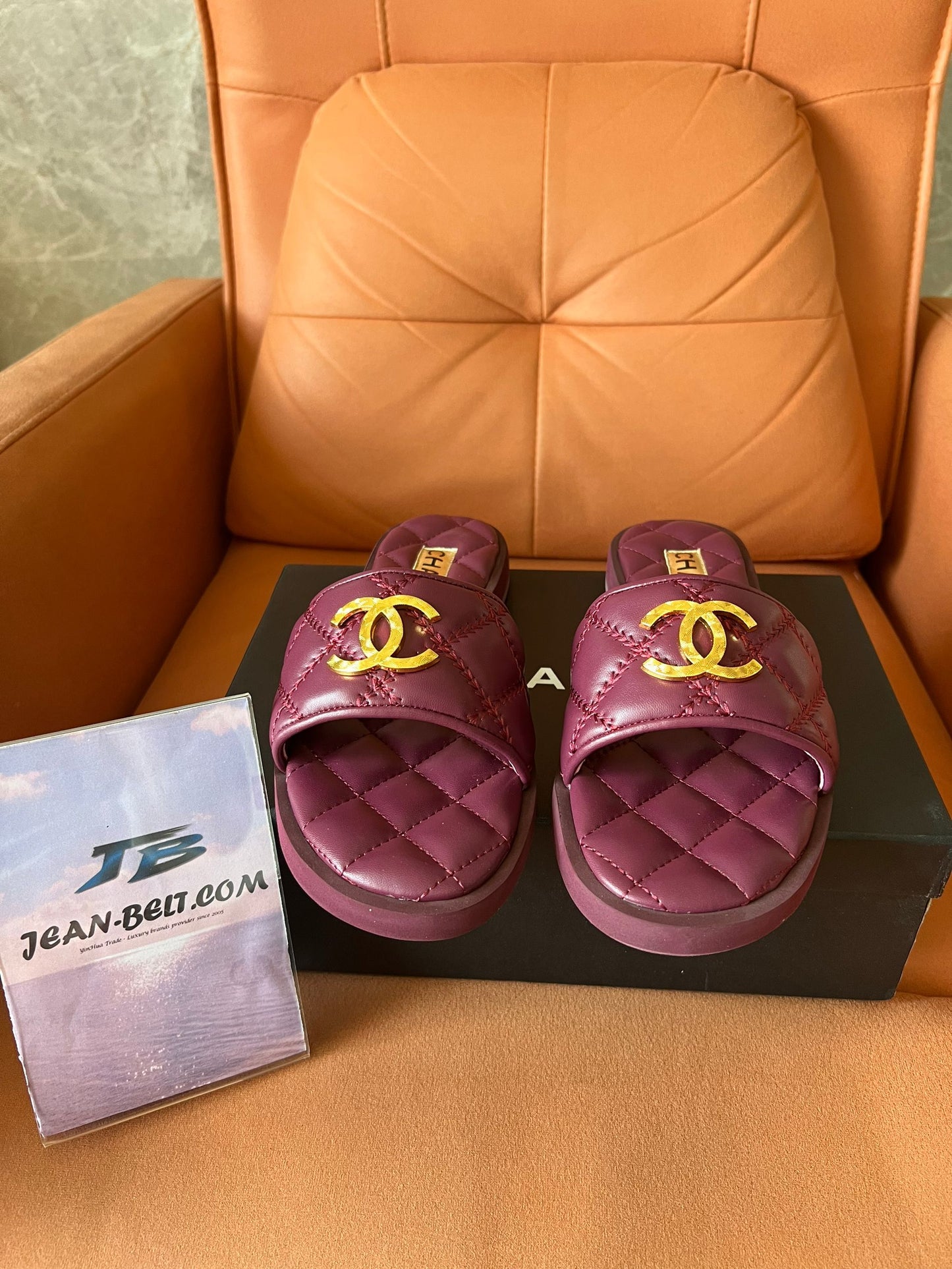 Chanel quilted lambskin slide sandals in burgundy