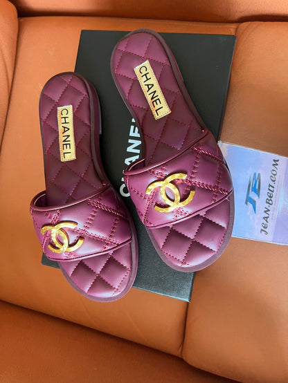 Chanel quilted lambskin slide sandals in burgundy