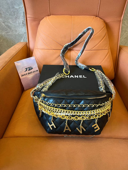 [3A Quality]Chanel 19a black all about chains pearl fanny pack bag