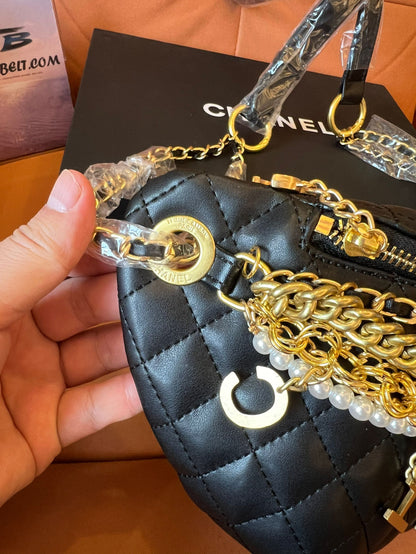 [3A Quality]Chanel 19a black all about chains pearl fanny pack bag