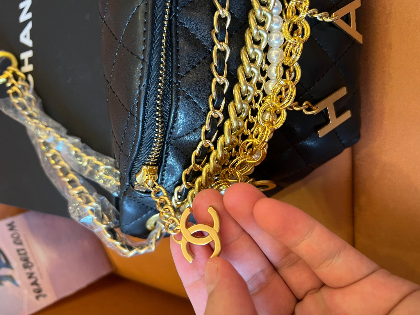 [3A Quality]Chanel 19a black all about chains pearl fanny pack bag