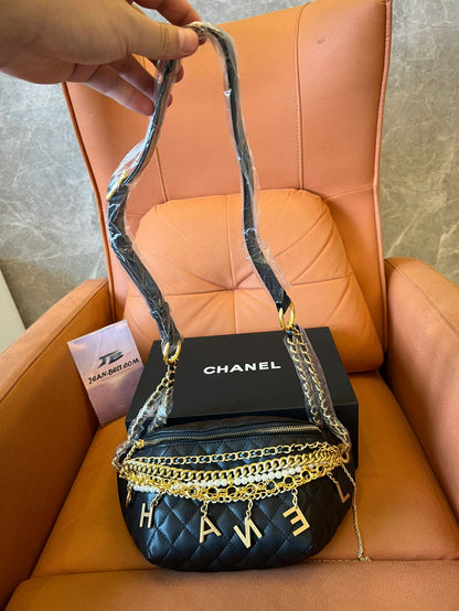 [3A Quality]Chanel 19a black all about chains pearl fanny pack bag