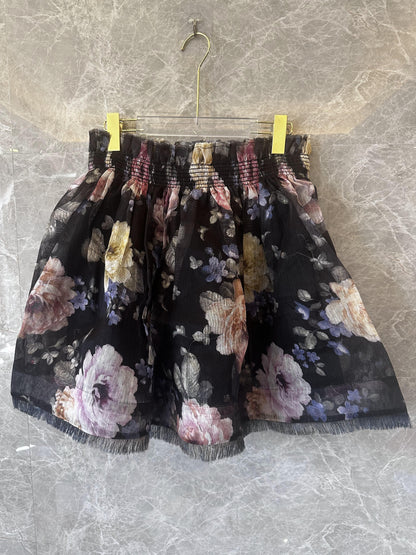 Zimmermann black floral embroidered tulle skirt with elastic waist and fringe hem