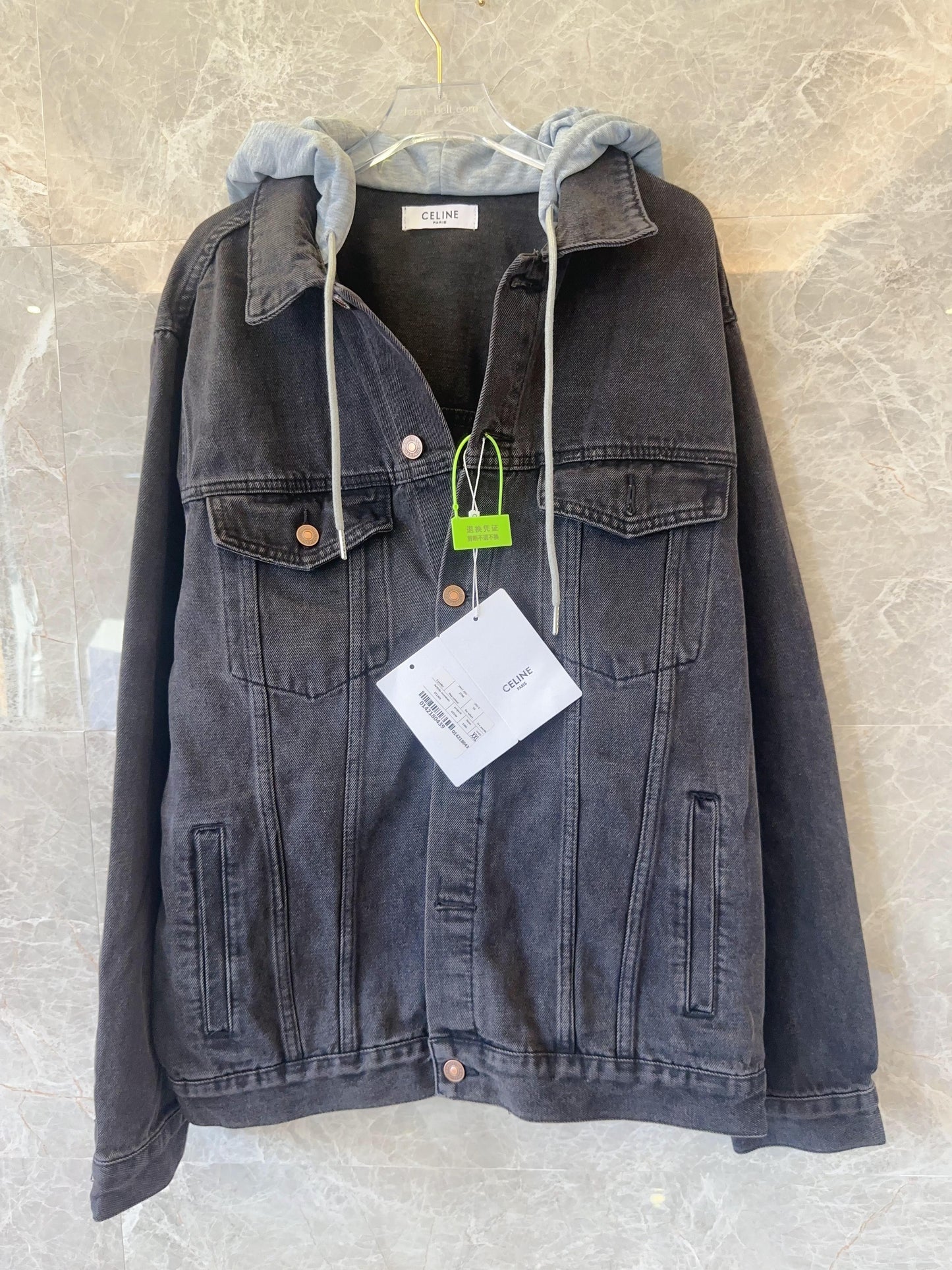 Celine black denim jacket with grey logo hoodie